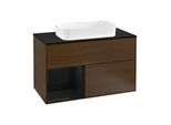 Villeroy und Boch Finion Waschtischunterschrank G242PHGN 100cm, Abdeckplatte black matt, Emotion, Regal links Glossy Black Lacquer, Walnut veneer