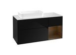 Villeroy und Boch Finion Waschtischunterschrank G281GNPH 120cm, Abdeckplatte white matt, Emotion, Regal rechts Walnut veneer, Glossy Black Lacquer
