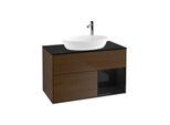 Villeroy und Boch Finion Waschtischunterschrank F902PHGN 100cm, Abdeckplatte black matt, Regale Glossy black lacquer, Walnut veneer