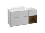 Villeroy und Boch Finion Waschtischunterschrank G281GNGJ 120cm, Abdeckplatte white matt, Emotion, Regal rechts Walnut veneer, Light grey matt