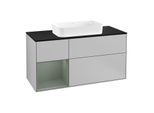 Villeroy und Boch Finion Waschtischunterschrank F292GMGJ 120cm, Abdeckplatte black matt, Regal links Olive Matt Lacquer, Light grey matt