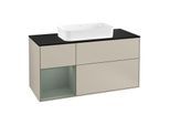 Villeroy und Boch Finion Waschtischunterschrank F292GMHH 120cm, Abdeckplatte black matt, Regal links Olive Matt Lacquer, Sand Matt Lacquer