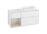 Villeroy und Boch Finion Waschtischunterschrank G271HHGF 120cm, Abdeckplatte white matt, Emotion, Regal links Sand Matt Lacquer, Glossy white lacquer