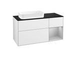 Villeroy und Boch Finion Waschtischunterschrank G282GJGF 120cm, Abdeckplatte black matt, Emotion, Regal rechts Light grey matt, Glossy white lacquer