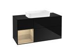 Villeroy und Boch Finion Waschtischunterschrank F292PCPH 120cm, Abdeckplatte black matt, Regal links Oak Veneer, Glossy Black Lacquer