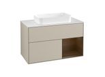 Villeroy und Boch Finion Waschtischunterschrank F251GNHH 100x60,3cm, Abdeckplatte white matt, Regal rechts Walnut veneer, Sand Matt Lacquer