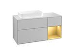 Villeroy und Boch Finion Waschtischunterschrank G281HFGJ 120cm, Abdeckplatte white matt, Emotion, Regal rechts Gold matt, Light grey matt