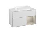 Villeroy und Boch Finion Waschtischunterschrank G251HHMT 100cm, Abdeckplatte white matt, Emotion, Regal rechts Sand Matt, White matt lacquer