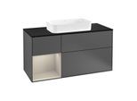 Villeroy und Boch Finion Waschtischunterschrank F292HHGK 120cm, Abdeckplatte black matt, Regal links Sand Matt Lacquer, Anthracite matt