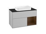 Villeroy und Boch Finion Waschtischunterschrank G252GNGJ 100cm, Abdeckplatte black matt, Emotion, Regal rechts Walnut veneer, Light grey matt