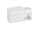 Villeroy und Boch Finion Waschtischunterschrank F281MTGF 120cm, Abdeckplatte white matt, Regal rechts White matt lacquer, Glossy white lacquer