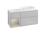 Villeroy und Boch Finion Waschtischunterschrank F271HHGJ 120cm, Abdeckplatte white matt, Regal links Sand Matt Lacquer, Light grey matt
