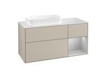 Villeroy und Boch Finion Waschtischunterschrank F281GJHH 120cm, Abdeckplatte white matt, Regal rechts Light grey matt, Sand Matt Lacquer