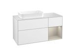Villeroy und Boch Finion Waschtischunterschrank F281HHGF 120cm, Abdeckplatte white matt, Regal rechts Sand Matt, Glossy white lacquer