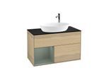 Villeroy und Boch Finion Waschtischunterschrank F892GMPC 100cm, Abdeckplatte black matt, Regale Olive matt lacquer, Oak Veneer