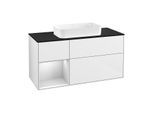 Villeroy und Boch Finion Waschtischunterschrank F292MTGF 120cm, Abdeckplatte black matt, Regal links White matt lacquer, Glossy white lacquer