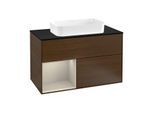 Villeroy und Boch Finion Waschtischunterschrank G242HHGN 100cm, Abdeckplatte black matt, Emotion, Regal links Sand Matt Lacquer, Walnut veneer