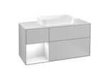 Villeroy und Boch Finion Waschtischunterschrank F291GFGJ 120cm, Abdeckplatte white matt, Regal links Glossy white lacquer, Light grey matt