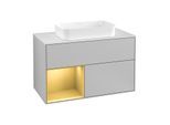 Villeroy und Boch Finion Waschtischunterschrank F241HFGJ 100x60,3cm, Abdeckplatte white matt, Regal links Gold matt, Light grey matt