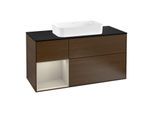 Villeroy und Boch Finion Waschtischunterschrank F292HHGN 120cm, Abdeckplatte black matt, Regal links Sand Matt Lacquer, Walnut veneer