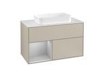 Villeroy und Boch Finion Waschtischunterschrank F241GJHH 100x60,3cm, Abdeckplatte white matt, Regal links Light grey matt, Sand Matt Lacquer