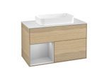 Villeroy und Boch Finion Waschtischunterschrank F241GJPC 100x60,3cm, Abdeckplatte white matt, Regal links Light grey matt, Oak Veneer