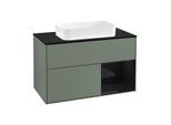 Villeroy und Boch Finion Waschtischunterschrank F252PHGM 100x60,3cm, Abdeckplatte black matt, Regal rechts Glossy Black Lacquer, Olive Matt Lacquer