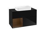 Villeroy und Boch Finion Waschtischunterschrank F242GNPH 100x60,3cm, Abdeckplatte black matt, Regal links Walnut veneer, Glossy Black Lacquer