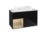 Villeroy und Boch Finion Waschtischunterschrank F241PCPH 100x60,3cm, Abdeckplatte white matt, Regal links Oak Veneer, Glossy Black Lacquer