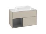 Villeroy und Boch Finion Waschtischunterschrank G241GKHH 100cm, Abdeckplatte white matt, Emotion, Regal links Anthracite matt, Sand Matt Lacquer