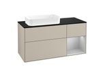 Villeroy und Boch Finion Waschtischunterschrank F282GJHH 120cm, Abdeckplatte black matt, Regal rechts Light grey matt, Sand Matt Lacquer