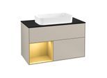 Villeroy und Boch Finion Waschtischunterschrank F242HFHH 100x60,3cm, Abdeckplatte black matt, Regal links Gold matt, Sand Matt Lacquer