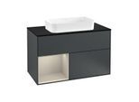 Villeroy und Boch Finion Waschtischunterschrank F242HHHG 100x60,3cm, Abdeckplatte black matt, Regal links Sand Matt Lacquer, Midnight Blue Matt Lacquer