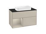 Villeroy und Boch Finion Waschtischunterschrank F242HHHH 100x60,3cm, Abdeckplatte black matt, Regal links Sand Matt Lacquer, Sand Matt Lacquer
