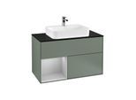 Villeroy und Boch Finion Waschtischunterschrank F362GJGM 100cm, Abdeckplatte black matt, Regal links Light grey matt, Olive Matt Lacquer