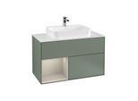 Villeroy und Boch Finion Waschtischunterschrank G361HHGM 100cm, Abdeckplatte white matt, Emotion, Regal links Sand Matt Lacquer, Olive Matt Lacquer