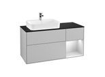Villeroy und Boch Finion Waschtischunterschrank F402MTGJ 120cm, Abdeckplatte black matt, Regal rechts White matt lacquer, Light grey matt