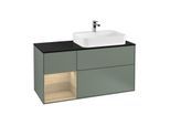 Villeroy und Boch Finion Waschtischunterschrank F392PCGM 120cm, Abdeckplatte black matt, Regal links Oak Veneer, Olive Matt Lacquer