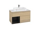 Villeroy und Boch Finion Waschtischunterschrank F361PHPC 100cm, Abdeckplatte white matt, Regal links Glossy Black Lacquer, Oak Veneer