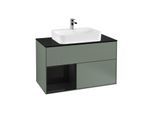 Villeroy und Boch Finion Waschtischunterschrank F362PHGM 100cm, Abdeckplatte black matt, Regal links Glossy Black Lacquer, Olive Matt Lacquer