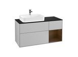 Villeroy und Boch Finion Waschtischunterschrank F402GNGJ 120cm, Abdeckplatte black matt, Regal rechts Walnut veneer, Light grey matt