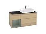 Villeroy und Boch Finion Waschtischunterschrank F392GMPC 120cm, Abdeckplatte black matt, Regal links Olive Matt Lacquer, Oak Veneer