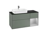 Villeroy und Boch Finion Waschtischunterschrank F402GJGM 120cm, Abdeckplatte black matt, Regal rechts Light grey matt, Olive Matt Lacquer