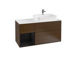 Villeroy und Boch Finion Waschtischunterschrank G391PHGN 120cm, Abdeckplatte white matt, Emotion, Regal links Glossy Black Lacquer, Walnut veneer