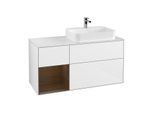Villeroy und Boch Finion Waschtischunterschrank F391GNGF 120cm, Abdeckplatte white matt, Regal links Walnut veneer, Glossy white lacquer