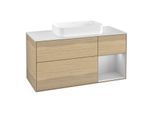 Villeroy und Boch Finion Waschtischunterschrank F301GJPC 120cm, Abdeckplatte white matt, Regal rechts Light grey matt, Oak Veneer