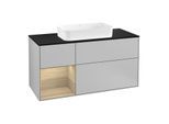 Villeroy und Boch Finion Waschtischunterschrank G292PCGJ 120cm, Abdeckplatte black matt, Emotion, Regal links Oak Veneer, Light grey matt
