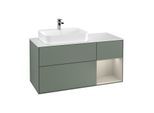 Villeroy und Boch Finion Waschtischunterschrank F401HHGM 120cm, Abdeckplatte white matt, Regal rechts Sand Matt, Olive Matt Lacquer