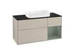Villeroy und Boch Finion Waschtischunterschrank G302GMHH 120cm, Abdeckplatte black matt, Emotion, Regal rechts Olive Matt Lacquer, Sand Matt Lacquer