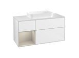 Villeroy und Boch Finion Waschtischunterschrank G291HHGF 120cm, Abdeckplatte white matt, Emotion, Regal links Sand Matt Lacquer, Glossy white lacquer